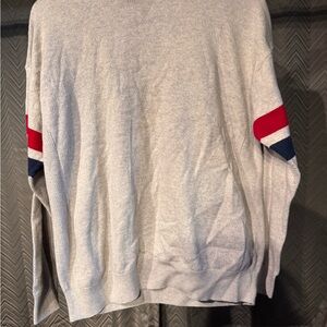 H&M Light Gray Crewneck Sweater with Red & Navy Sleeve Stripes